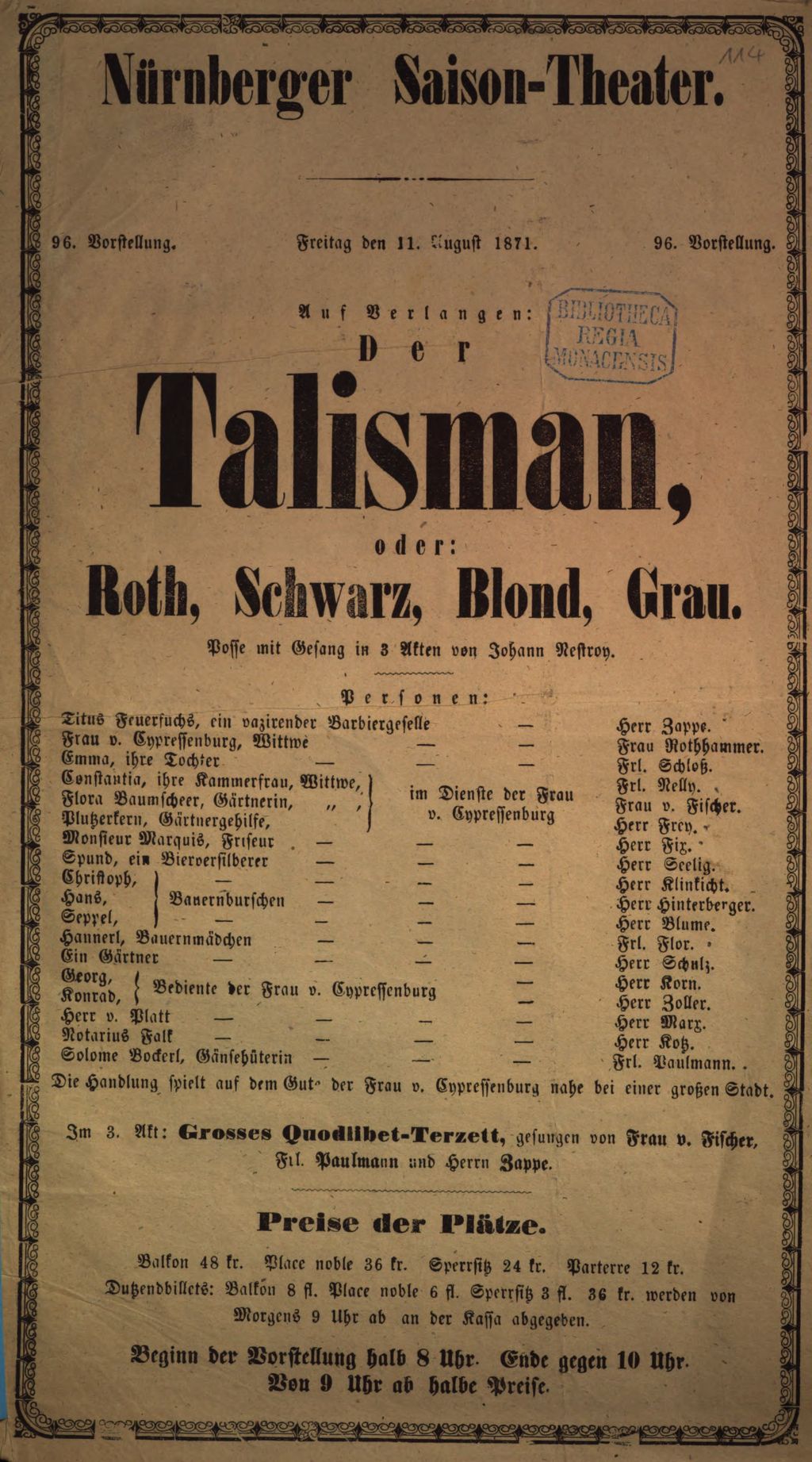 Cover of Nürnberger Saison-Theater. 96. Vorstellung. Freitag den 11. August 1871. ... Auf Verlangen: Der Talisman , oder: Roth, Schwarz, Blond, Grau. Posse mit Gesang in 3 Akten von Johann Nestroy