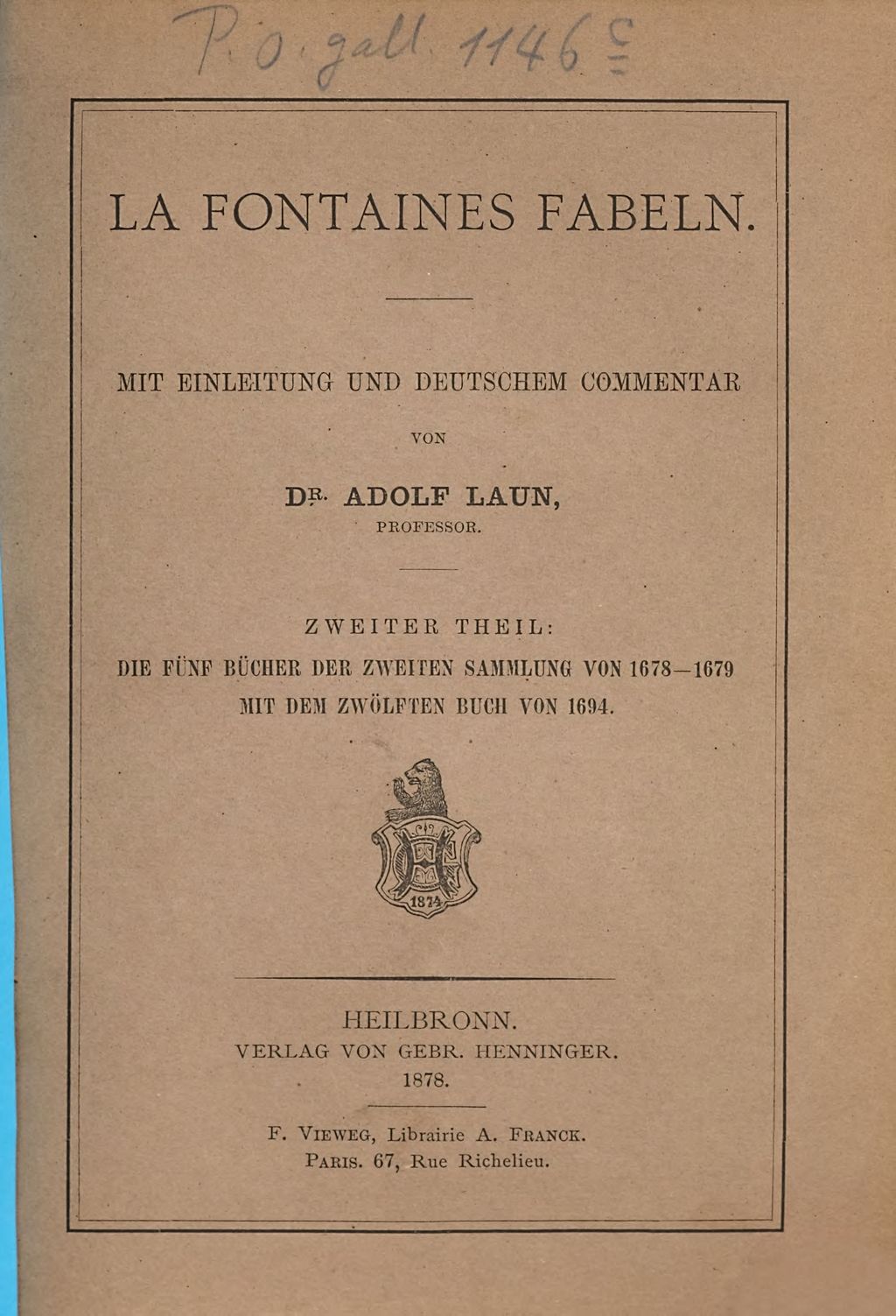 Cover of La Fontaines Fabeln . 2, Die fünf Bücher der zweiten Sammlung von 1678 - 1679 mit dem zwölften Buch von 1694