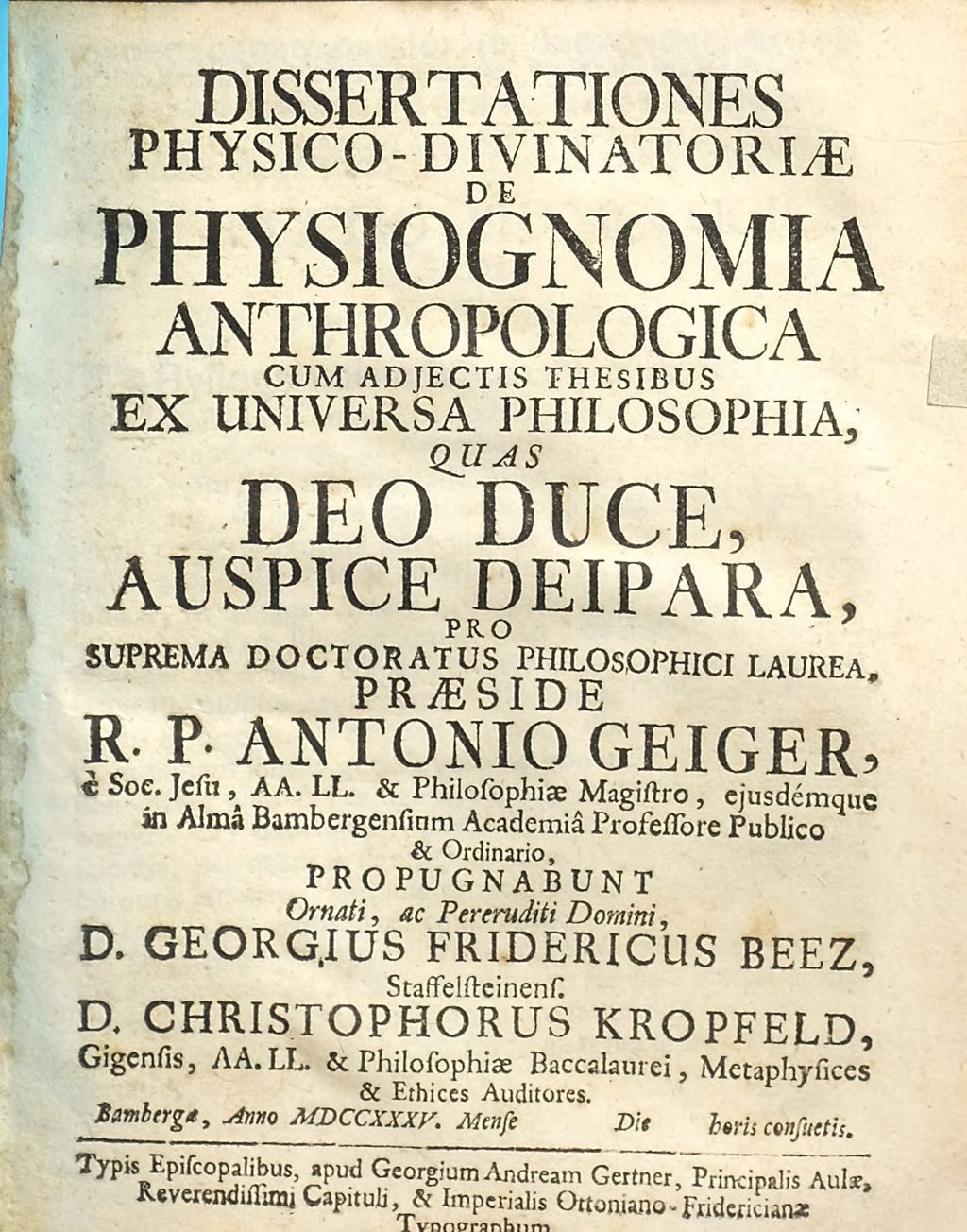 Cover of Dissertationes physico-divinatoriae de physiognomia anthropologica, cum adjectis thesibus ex universa philosophia