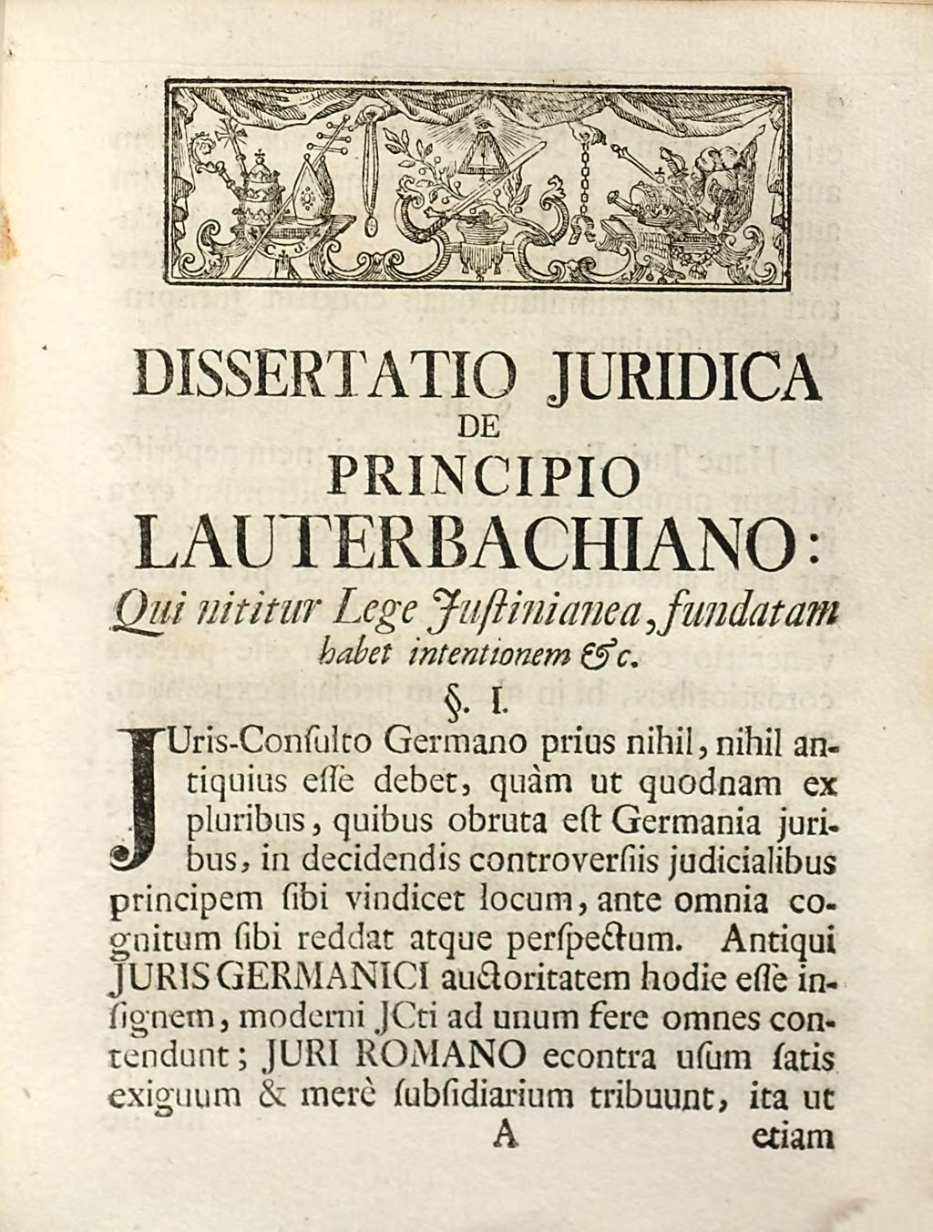 Cover of Tractatio Synoptica De Principio Lauterbachiano: Qui nititur Lege Justinianea, fundatam habet intentionem &c