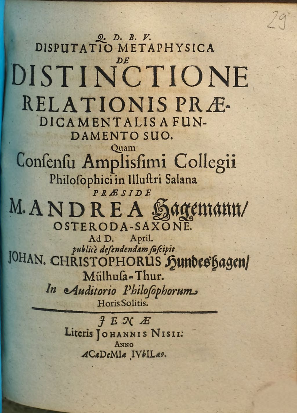 Cover of Disputatio Metaphysica De Distinctione Relationis Praedicamentalis A Fundamento Suo