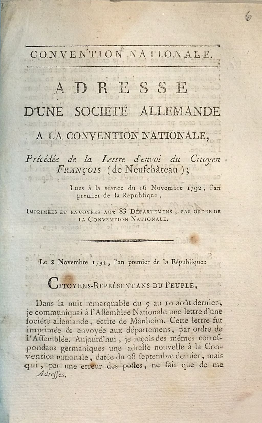 Cover of Adresse d'une société allemande à la Convention nationale, précédée de la lettre d'envoi du citoyen François (de Neufchâteau)