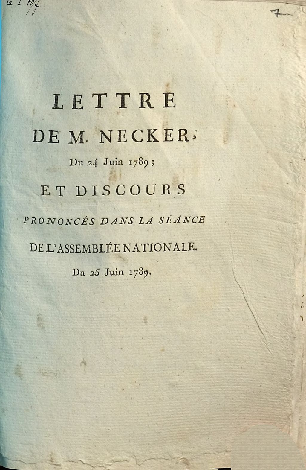 Cover of Lettre de M. Necker du 24 juin 1789, et discours prononcés dans la séance de l'Assemblée nationale, du 25 juin 1789