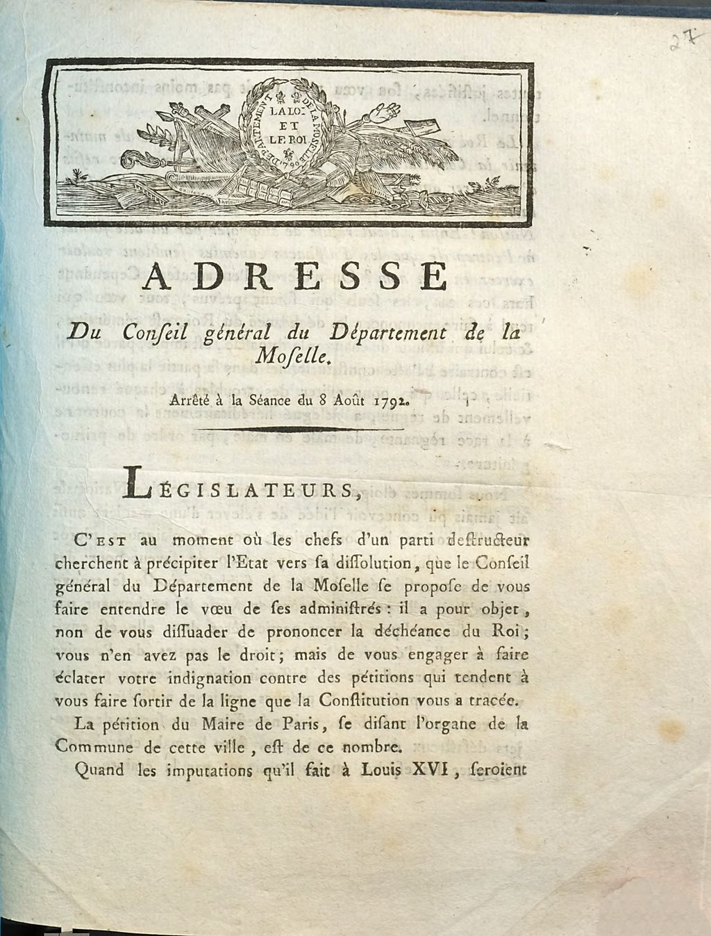 Cover of Adresse du Conseil général du département de la Moselle
