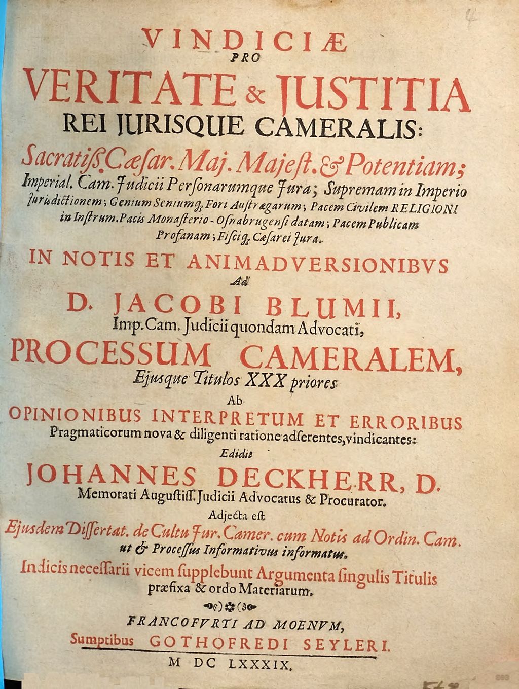 Cover of Vindiciae pro veritate et iustitia rei iurisque cameralis