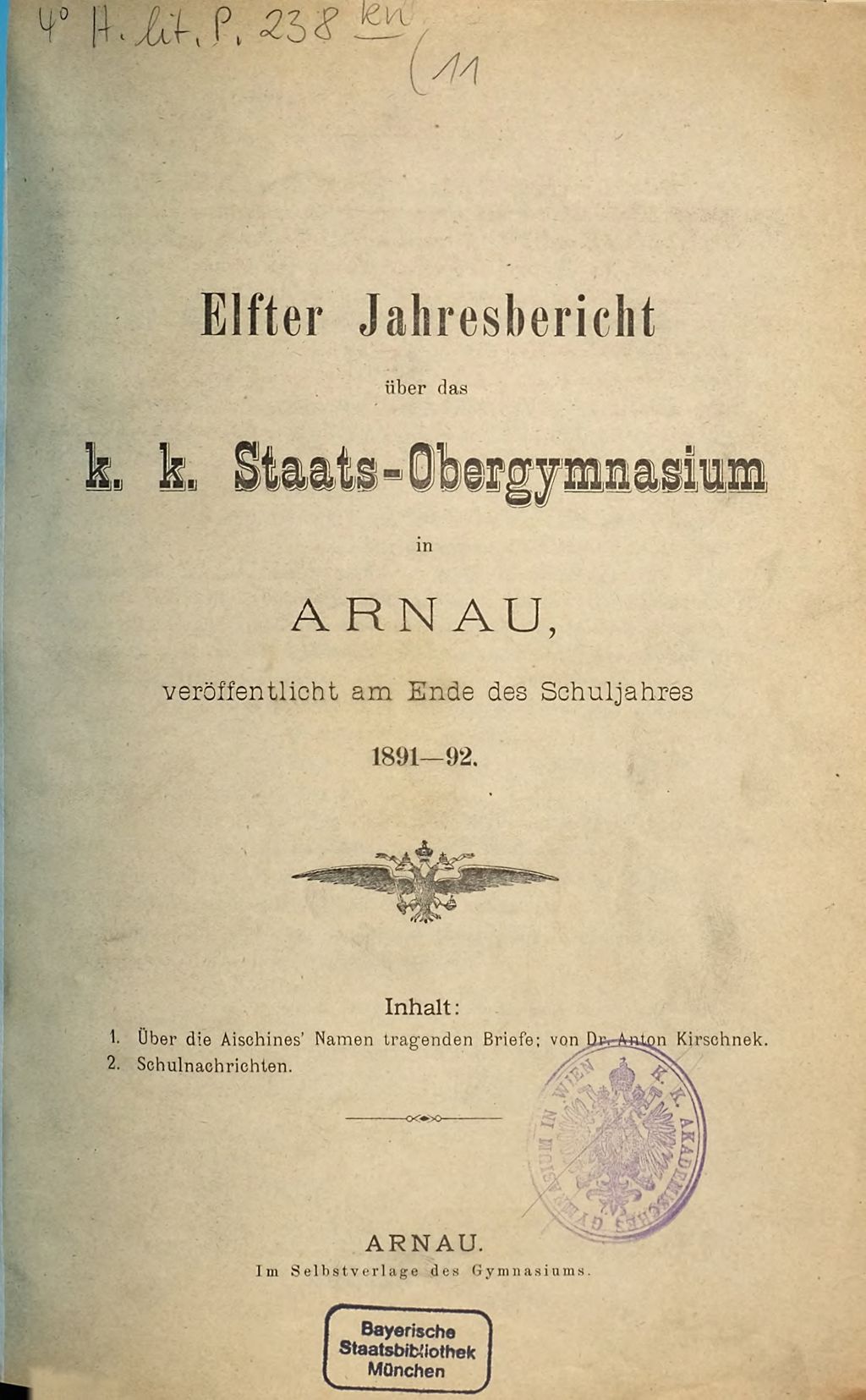 Cover of Über die Aischines' Namen tragenden Briefe