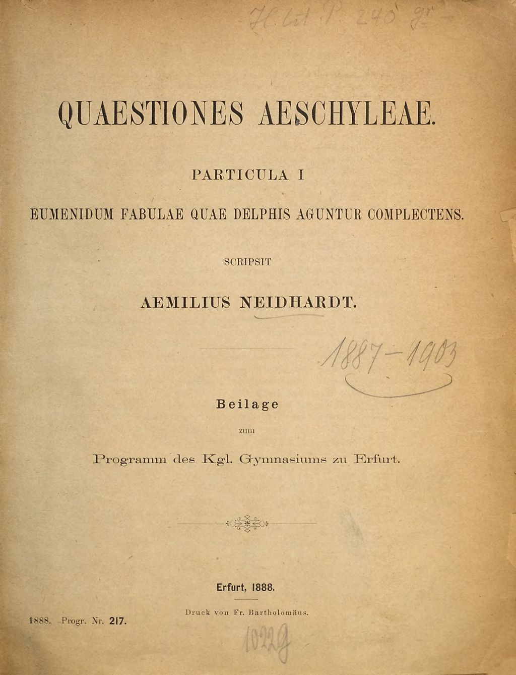 Cover of Quaestiones Aeschyleae. 1, Eumendium fabulae quae Delphis aguntur complectens