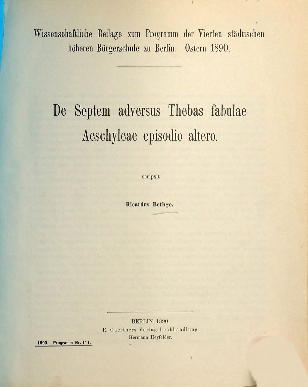 Cover of De septem adversus Thebas fabulae Aeschyleae episodio altero