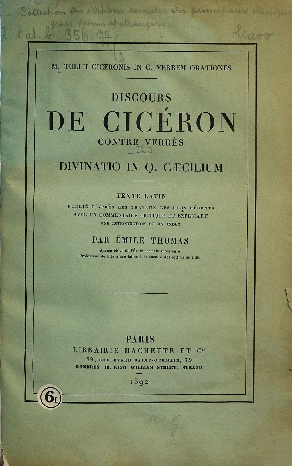 Cover of M. Tullii Ciceronis in C. Verrem orationes. [2], Divinatio in Q. Caecilium