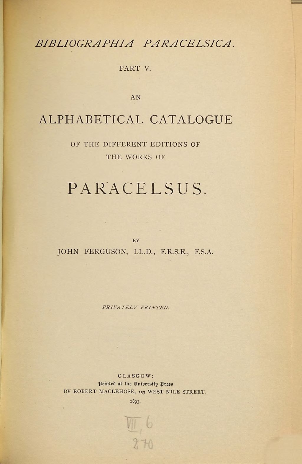 Cover of Bibliographia Paracelsica. 5, An alphabetical catalogue of the different editions of the works of Paracelsus