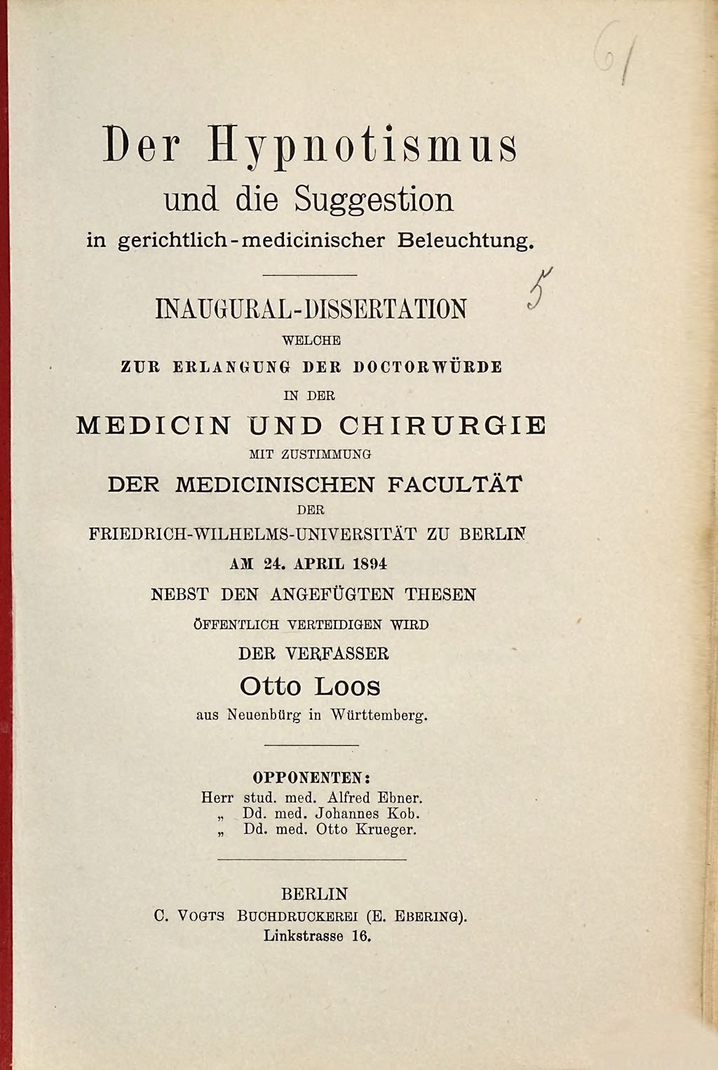 Cover of Der Hypnotismus und die Suggestion in gerichtlich-medicinischer Beleuchtung