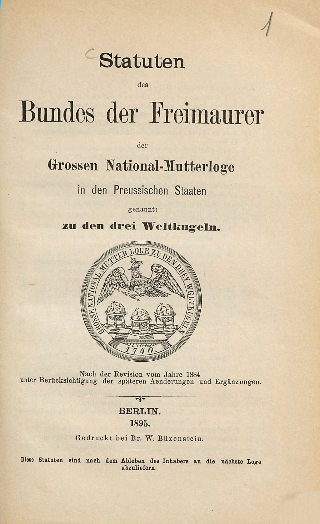 Cover of Statuten des Bundes der Freimaurer der Grossen National-Mutterloge in den Preussischen Staaten genannt: zu den drei Weltkugeln