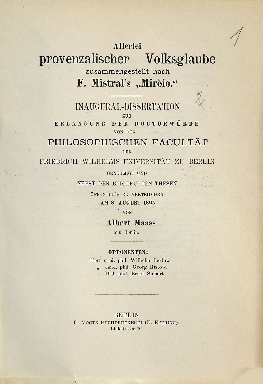 Cover of Allerlei provenzalischer Volksglaube zusammengestellt nach F. Mistral's "Miréio"