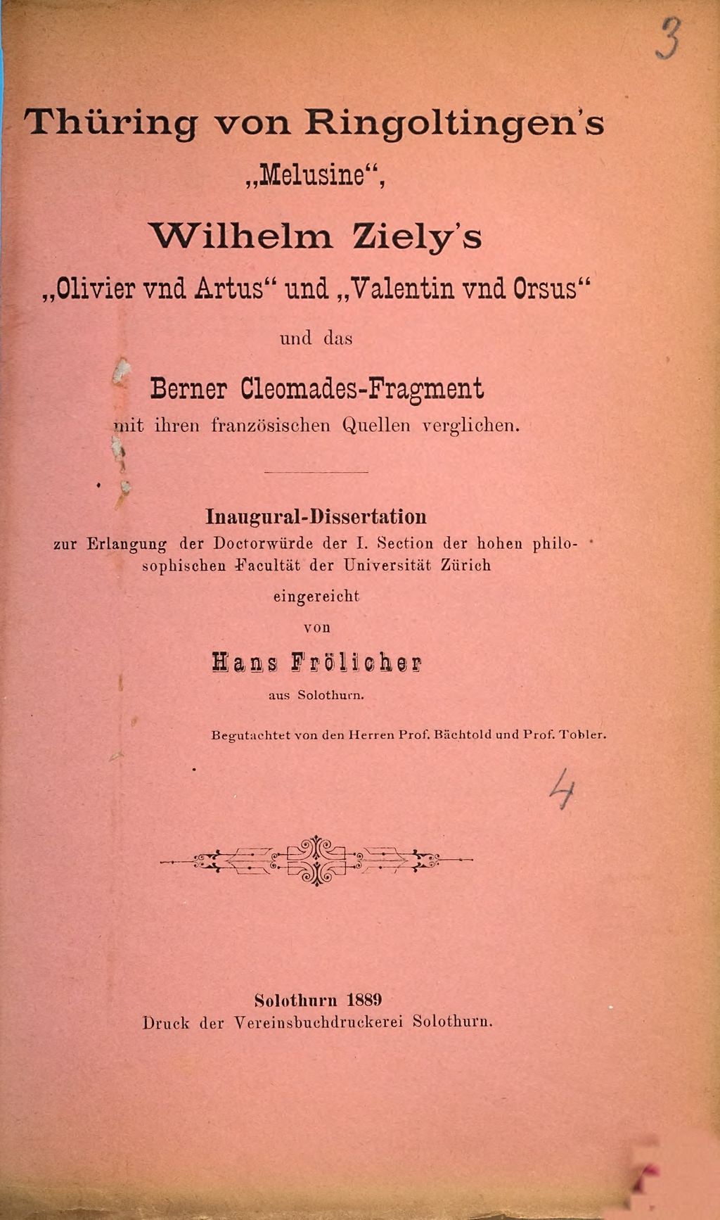 Cover of Thüring von Ringoltingen's " Melusine ", Wilhelm Ziely's "Olivier und Artus" und "Valentin und Orsus" und das Berner Cleomades-Fragment mit ihren französischen Quellen verglichen