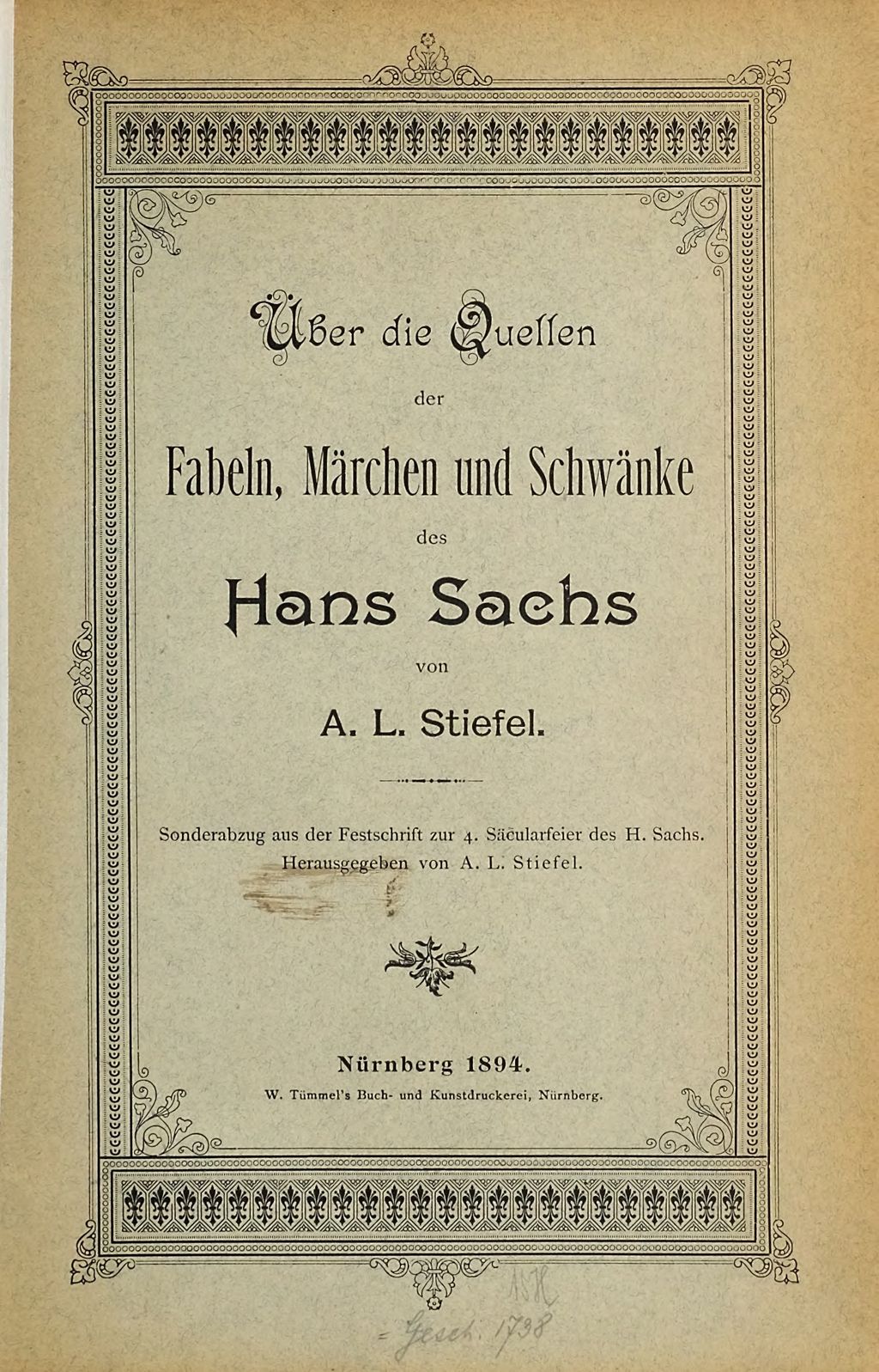 Cover of Über die Quellen der Fabeln, Märchen und Schwänke des Hans Sachs