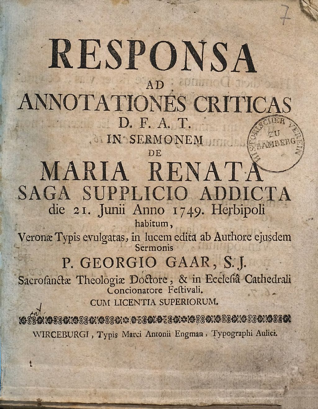 Cover of Responsa ad annotationes criticas D. F.A.T. in sermonem de Maria Renata, saga supplicio addicta die 21. Junii Anno 1749, Herbipoli habitum
