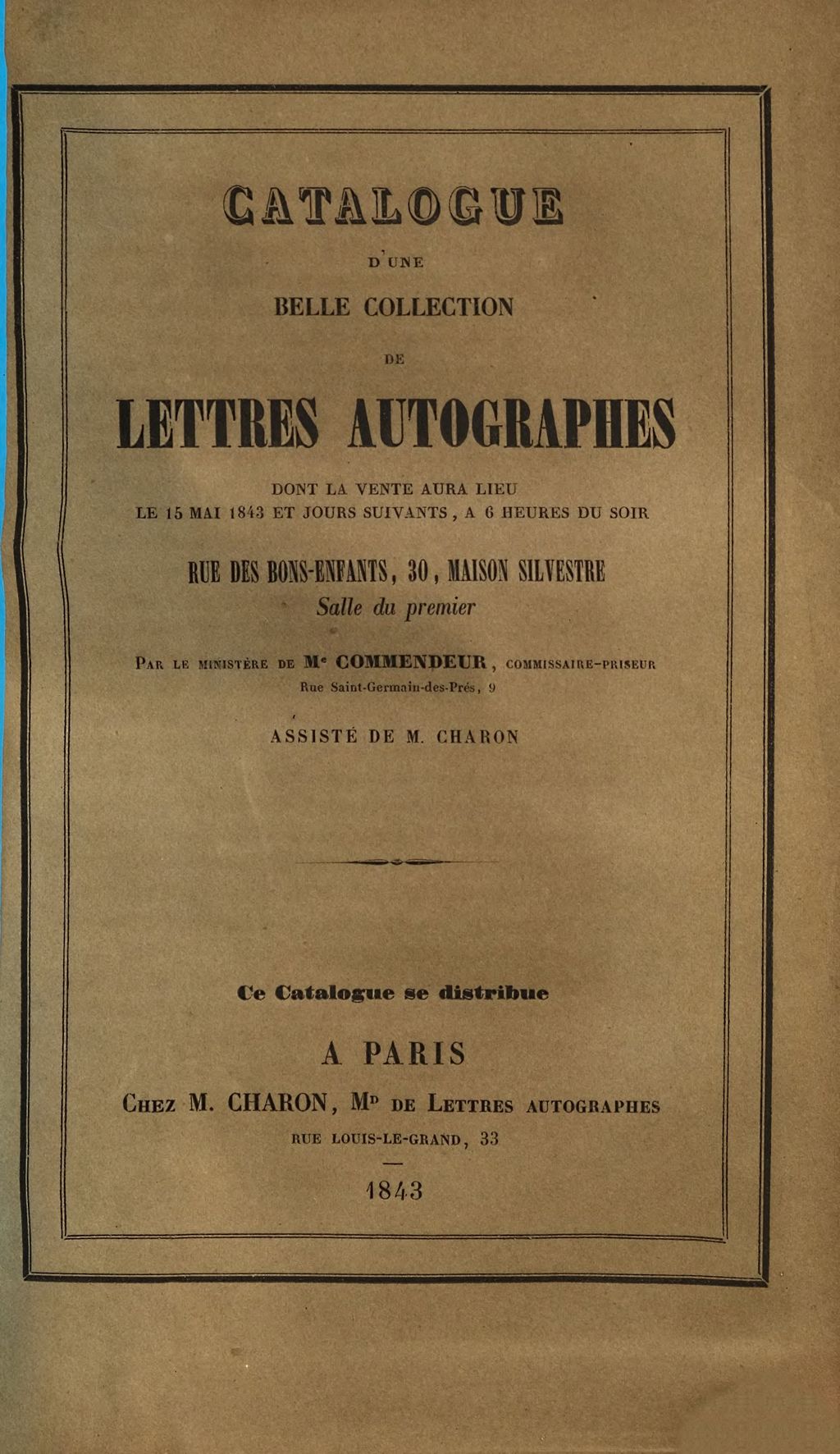 Cover of Catalogue d'une belle collection de lettres autographes