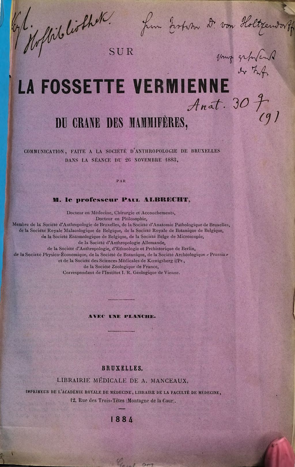 Cover of Sur la fossette vermienne du crâne des mammifères, communication faite à la Société d'anthropologie de Bruxelles, dans la séance du 26 novembre 1883