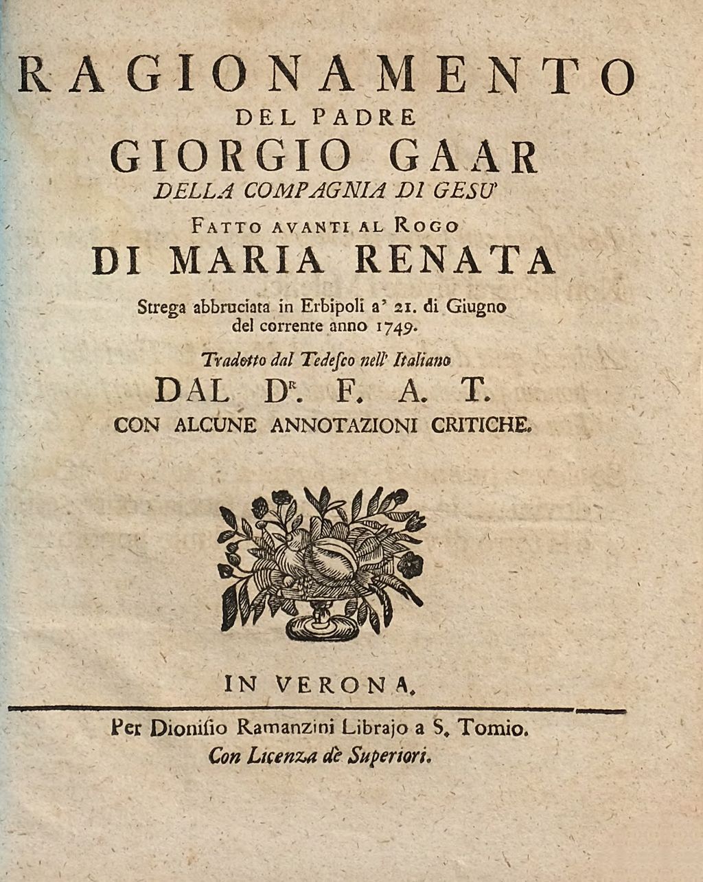 Cover of Ragionamento Del Padre Giorgio Gaar Della Compagnia Di Gesù Fatto Avanti Al Rogo Di Maria Renata
