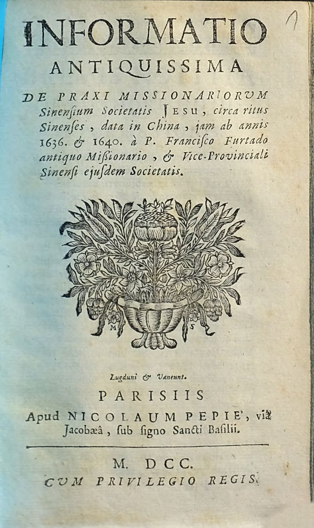 Cover of Informatio Antiquissima De Praxi Missionariorvm Sinensium Societatis Jesu, circa ritus Sinenses