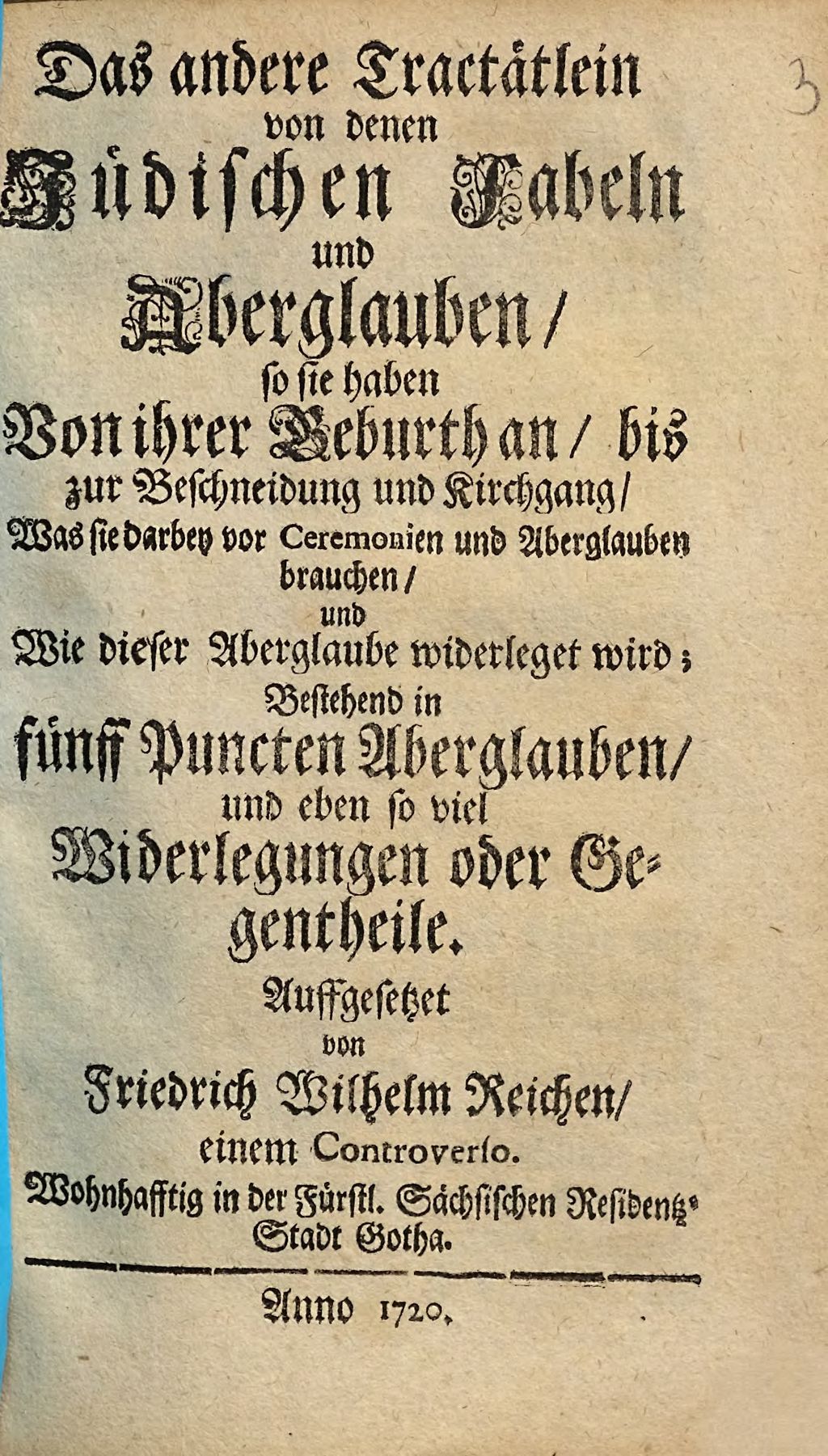 Cover of Das andere Tractätlein von denen Jüdischen Fabeln und Aberglauben, so sie haben Von ihrer Geburth an, bis zur Beschneidung und Kirchgang