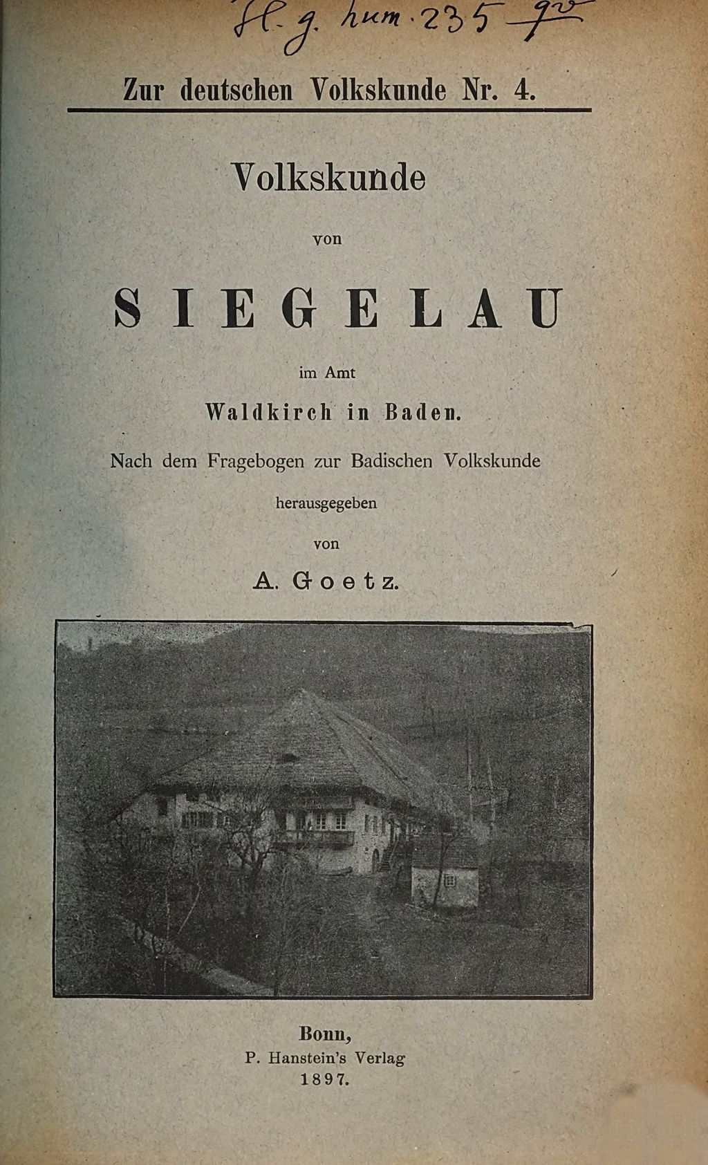Cover of Volkskunde von Siegelau im Amt Waldkirch in Baden