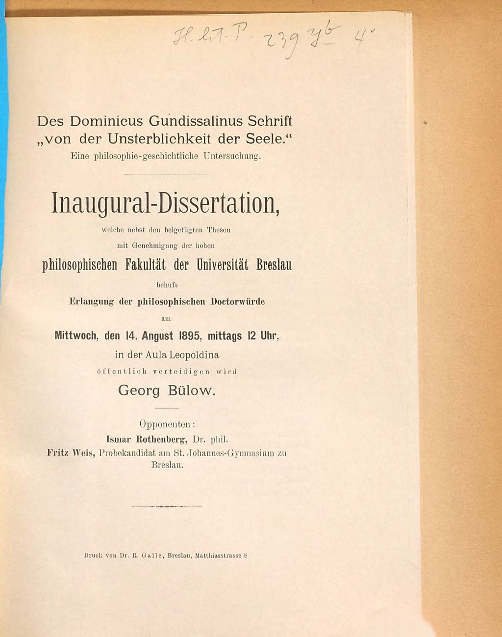 Cover of Des Dominicus Gundissalinus Schrift "Von der Unsterblichkeit der Seele "