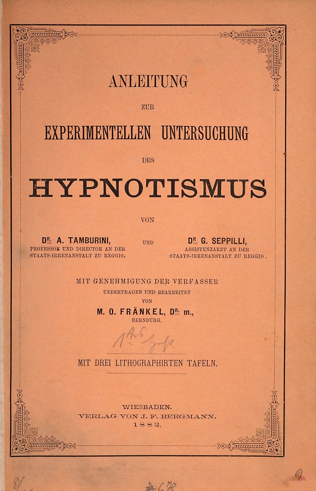 Cover of Anleitung zur experimentellen Untersuchung des Hypnotismus von A. Tamburini und G. Seppilli