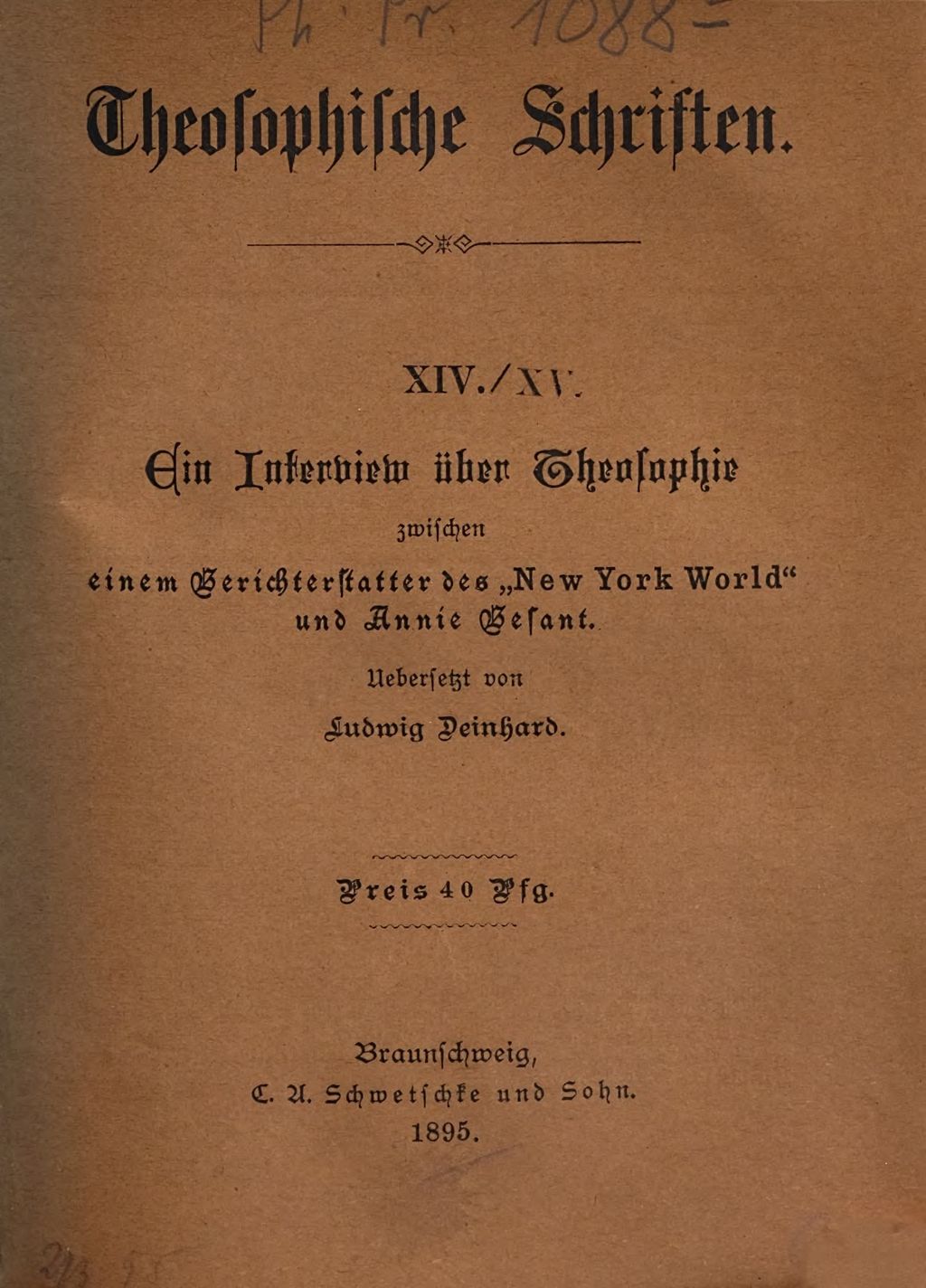 Cover of Ein Interview über Theosophie zwischen einem Berichterstatter des "New York World" und Annie Besant