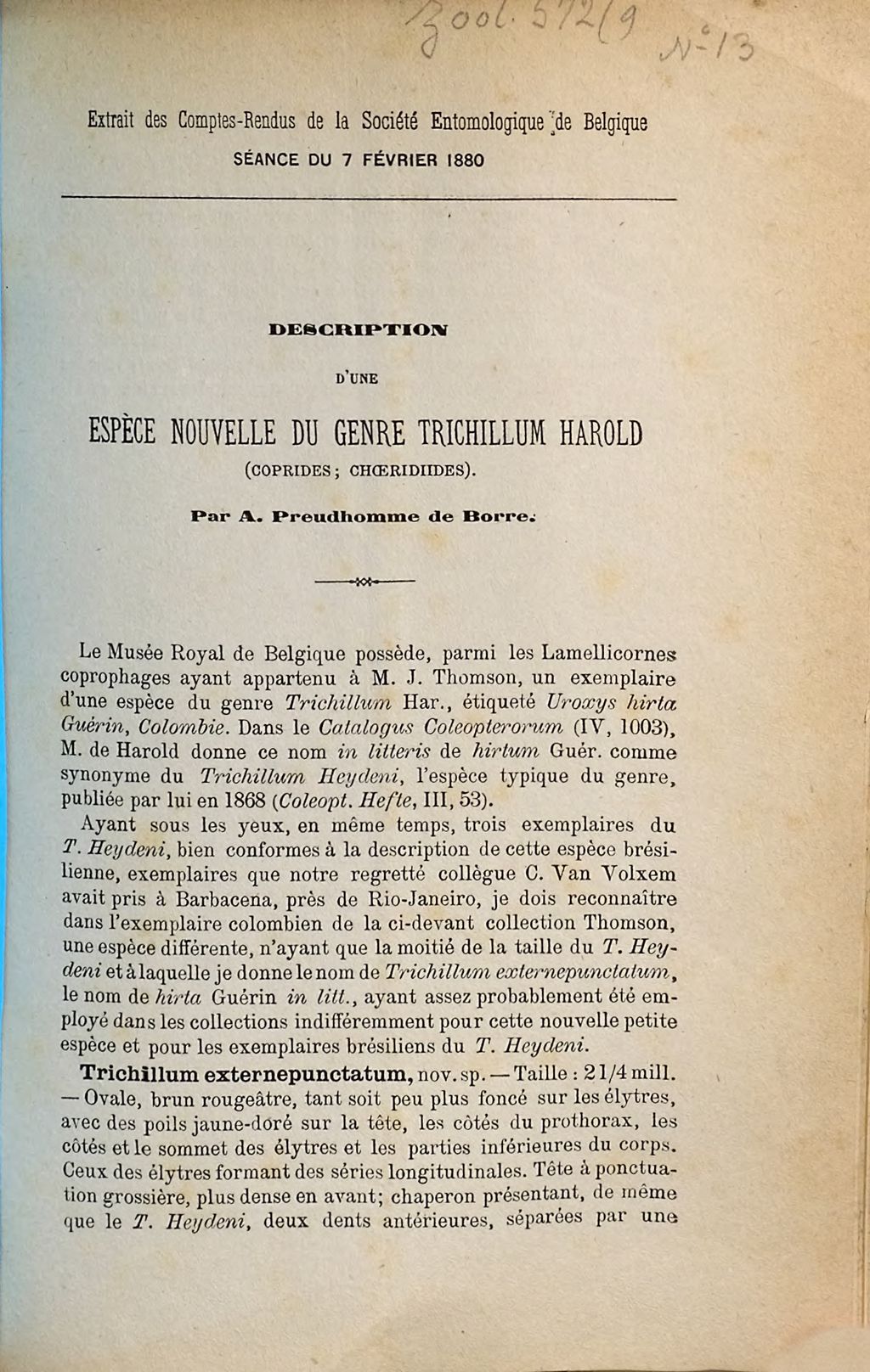 Cover of Description d'une espèce nouvelle du genre Trichillum Harold (Coprides; Choeridiides)