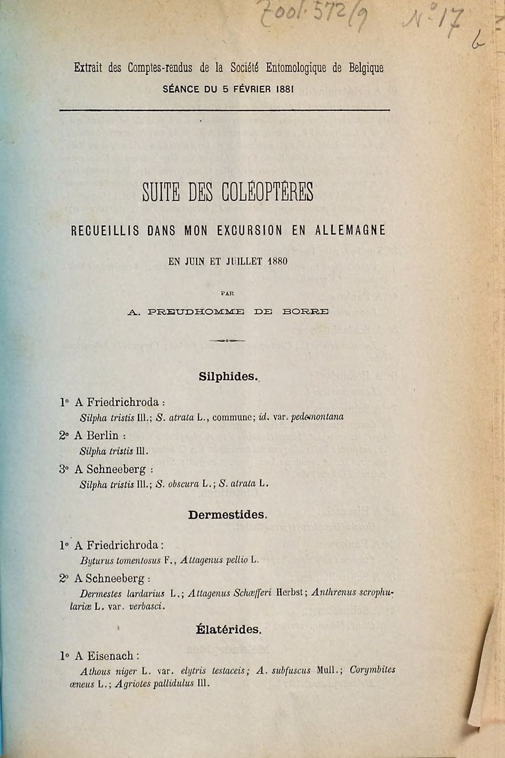 Cover of Suite des Coléoptères recueillis dans mon excursion en Allemagne en juin et juillet 1880. [2]