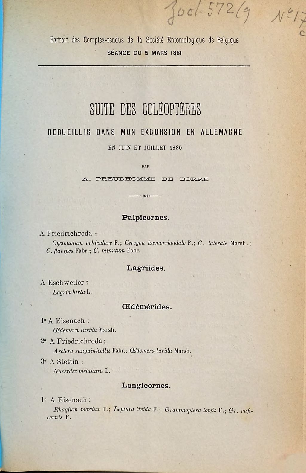 Cover of Suite des Coléoptères recueillis dans mon excursion en Allemagne en juin et juillet 1880. [3]