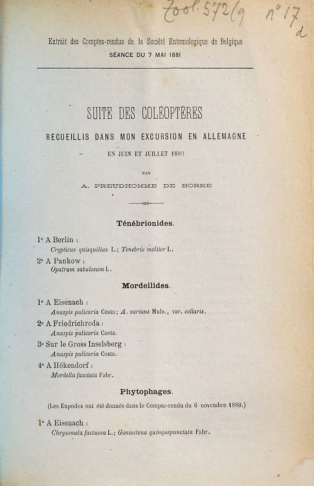 Cover of Suite des Coléoptères recueillis dans mon excursion en Allemagne en juin et juillet 1880. [4]