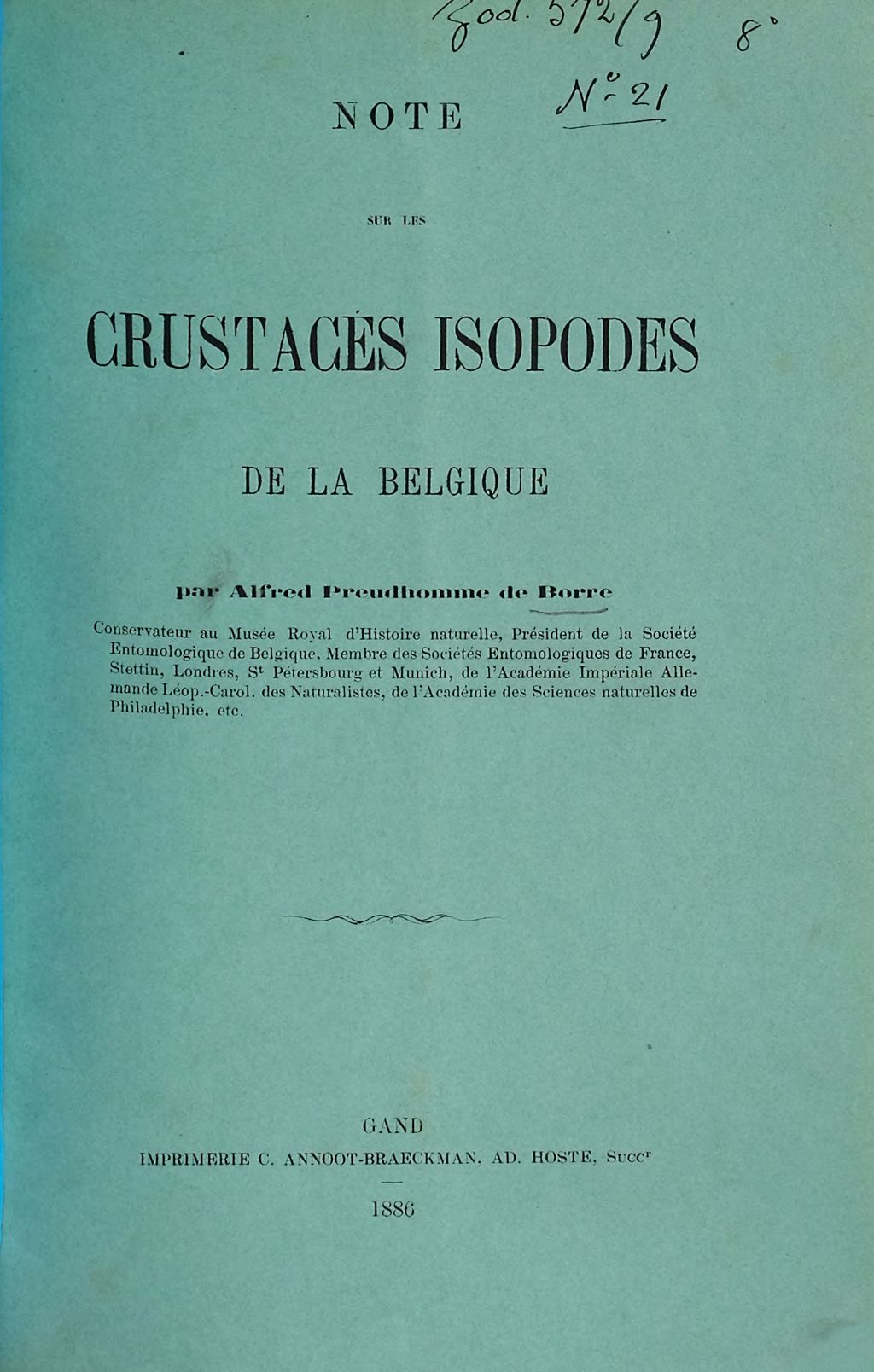 Cover of Note sur les Crustacés Isopodes de la Belgique