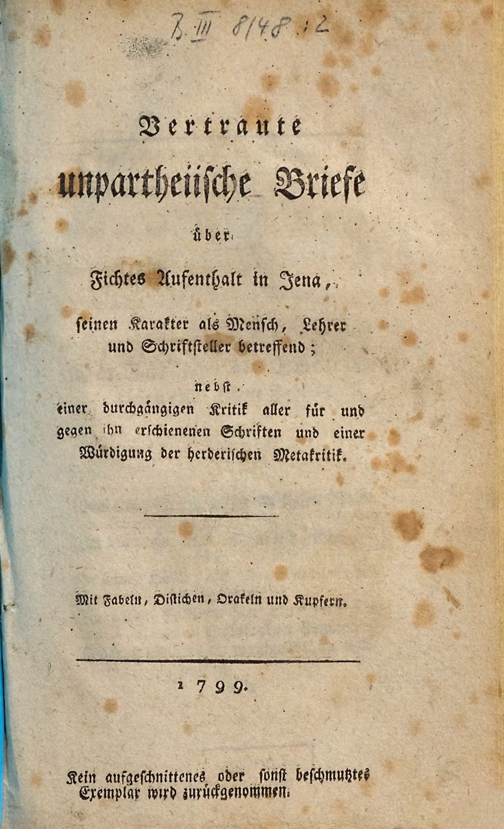 Cover of Vertraute unpartheiische Briefe über Fichtes Aufenthalt in Jena, seinen Karakter als Mensch, Lehrer und Schriftsteller betreffend