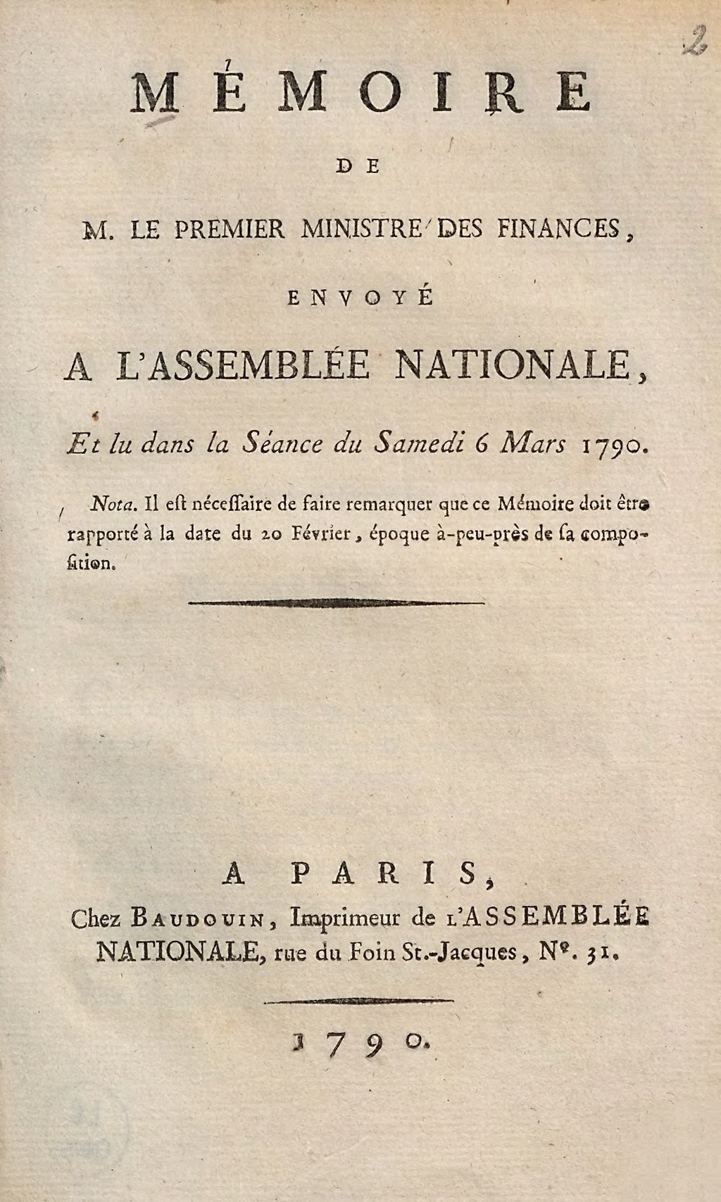 Cover of Mémoire De M. Le Premier Ministre Des Finances, Envoyé A L'Assemblée Nationale