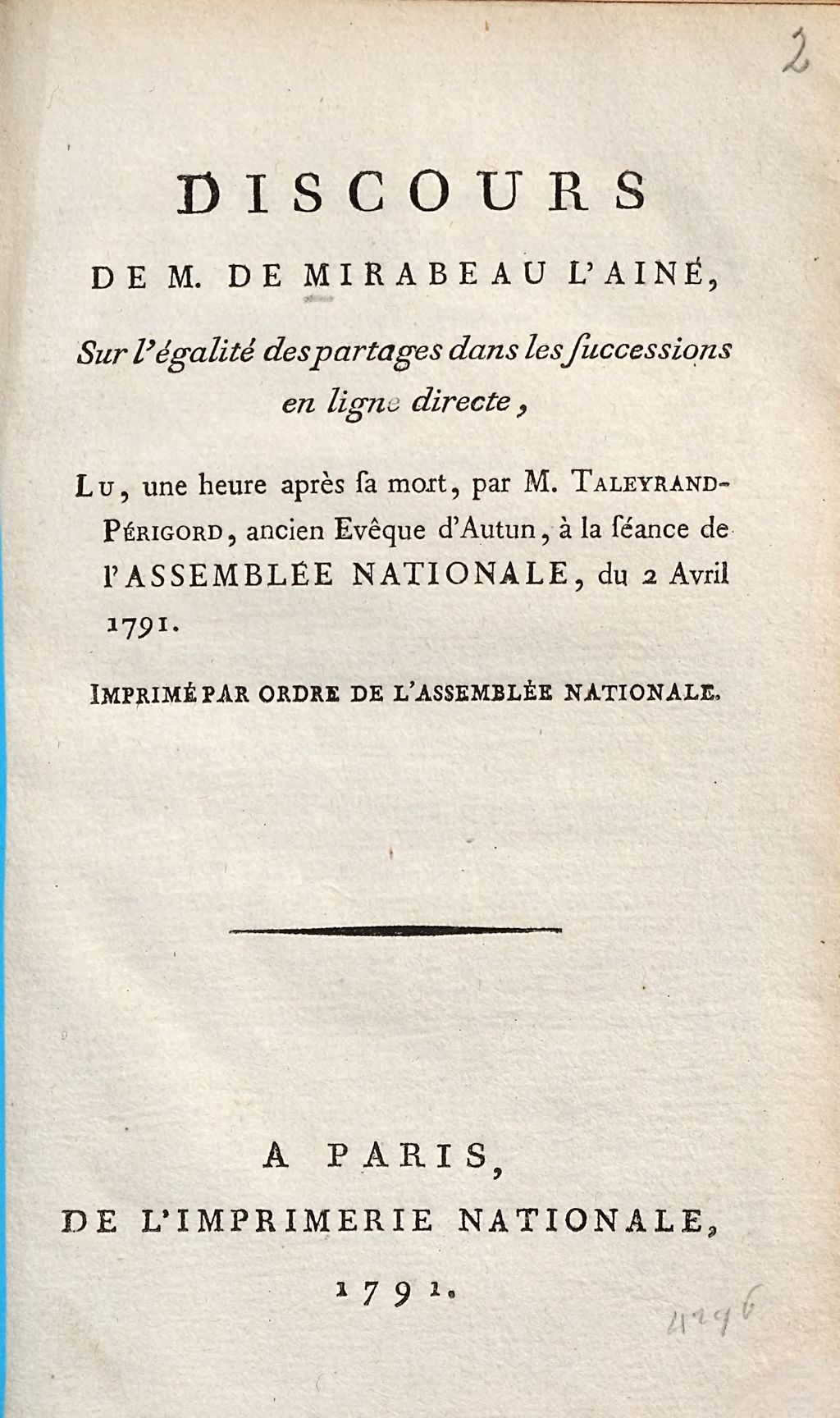 Cover of Discours de M. de Mirabeau sur l'égalité des partages dans les successions en ligne directe