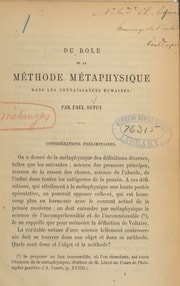 Cover of Du role de la méthode métaphysique dans les connaissances humaines