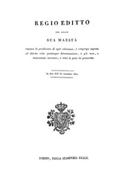 Cover of Regio Editto col quale Sua Maestà rinnova la proibizione di ogni adunanza, o congrega segreta ed illecita sotto qualunque denominazione, o già nota, o nuovamente inventata, e sotto le pene ivi prescritte