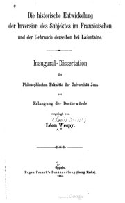 Cover of Die historische Entwickelung der Inversion des Subjektes im Französischen und der Gebrauch derselben bei Lafontaine