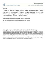 Cover of Clavicula Salomonis expurgata oder Schlüssel des Königs Salomons wunderbahrlicher Geheimnisse und vieler zukünfftigen Dinge