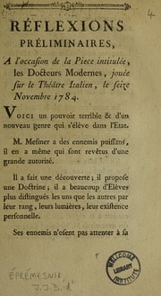Cover of Réflexions préliminaires, a l'occasion de la piece intitulée, Les docteurs modernes [by P.Y. Barré and J.B. Radet], jouée sur le Théâtre Italien, le seize novembre 1784