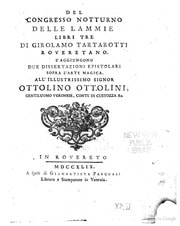 Cover of Del congresso notturno delle lammie libri tre. Saggi ungono due dissertazioni epistolari sopra l'arte magica