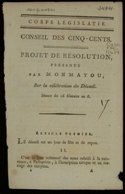 Cover of Projet de résolution, présenté par Monmayou, sur la célébration du décadi