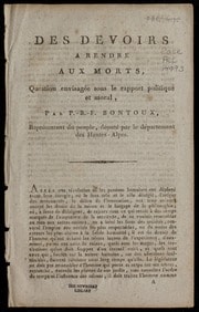 Cover of Des devoirs à rendre aux morts, question envisagee sous le rapport politique et moral