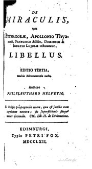 Cover of De miraculis, quae Pythagorae, Apollonio Thyanensi, Francisco Assisio, Dominico & Ignatio Lojolae tribuuntur, libellus