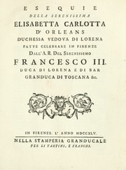 Cover of Esequie della serenissima Elisabetta Carlotta d'Orleans, duchessa vedova di Lorena