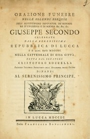 Cover of Orazione funebre nelle solenni esequie dell'augustissimo Imperador de' Romani, rè d'Ungheria e di Boemia &c. &c. &c. Giuseppe secondo