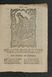Cover of Nueva y curiosa relacion de un prodigioso portento que obró nuestra señora del Carmen con un Caballero devoto suyo, natural de la ciudad de Valencia, llamado Don Eusebio de Herrera
