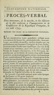 Cover of Procès-verbal des monumens, de la marche, et des discours de la fête consacrée à l'inauguration de la Constitution de la République française, le 10 août 1793